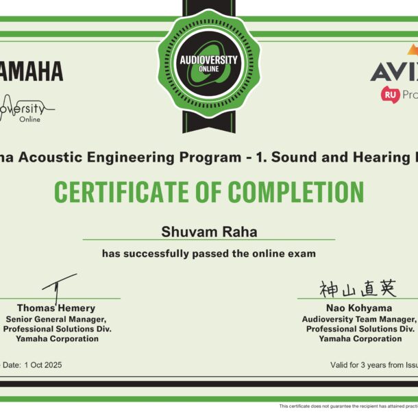 Certificate yamaha acoustic engineering program 1 sound and hearing basics shuvam raha