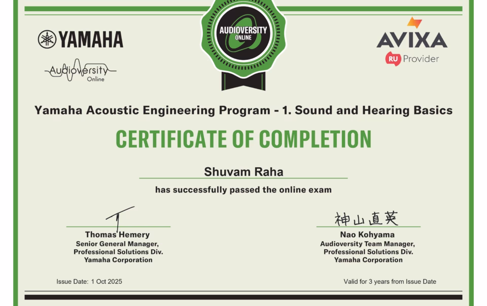 Certificate yamaha acoustic engineering program 1 sound and hearing basics shuvam raha