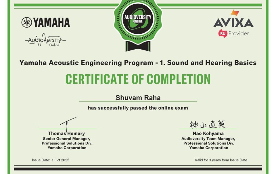 Certificate yamaha acoustic engineering program 1 sound and hearing basics shuvam raha